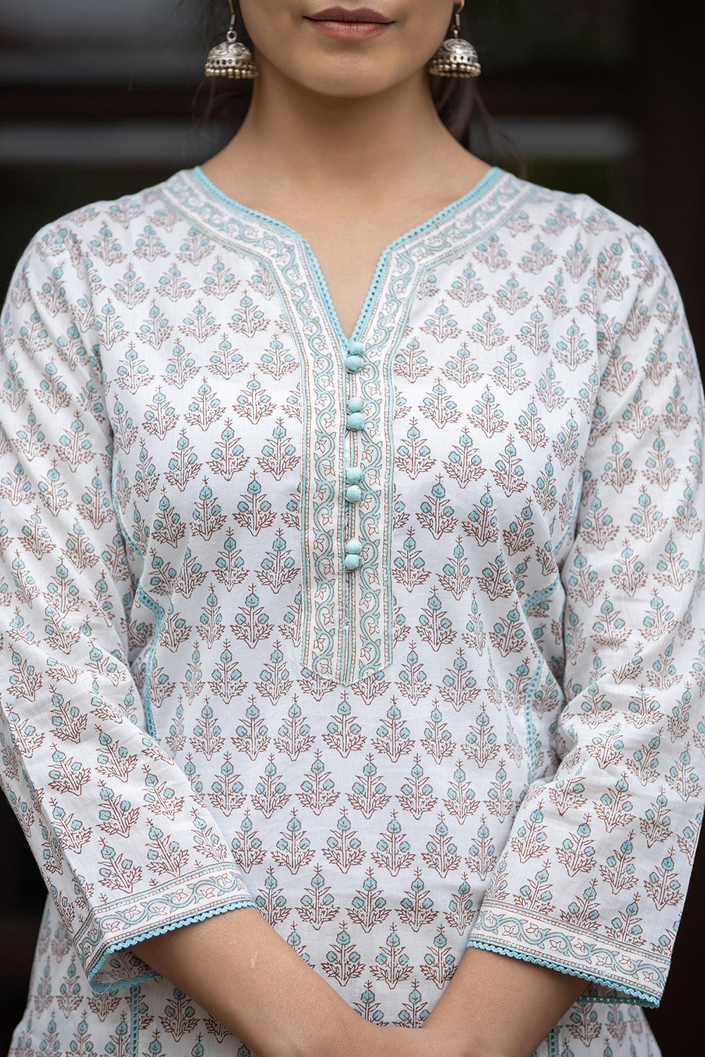 Kaajh Women's White Sea Green Printed Cotton Casual Kurta Pant Set