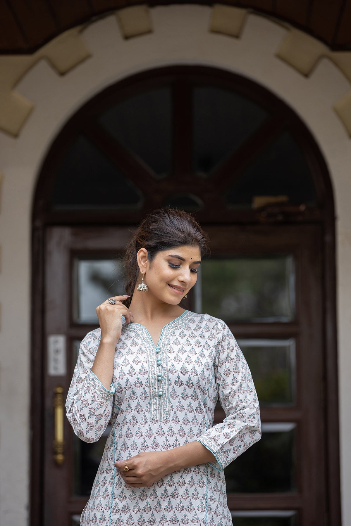 Kaajh Women's White Sea Green Printed Cotton Casual Kurta Pant Set