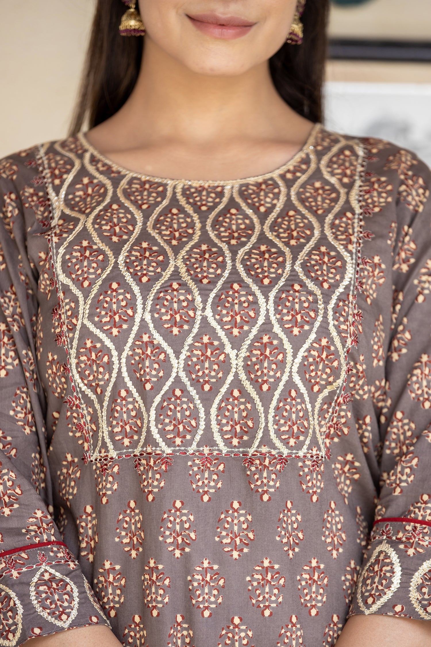 Kaajh Women's Brown Bagru Print Kurta Pant Set