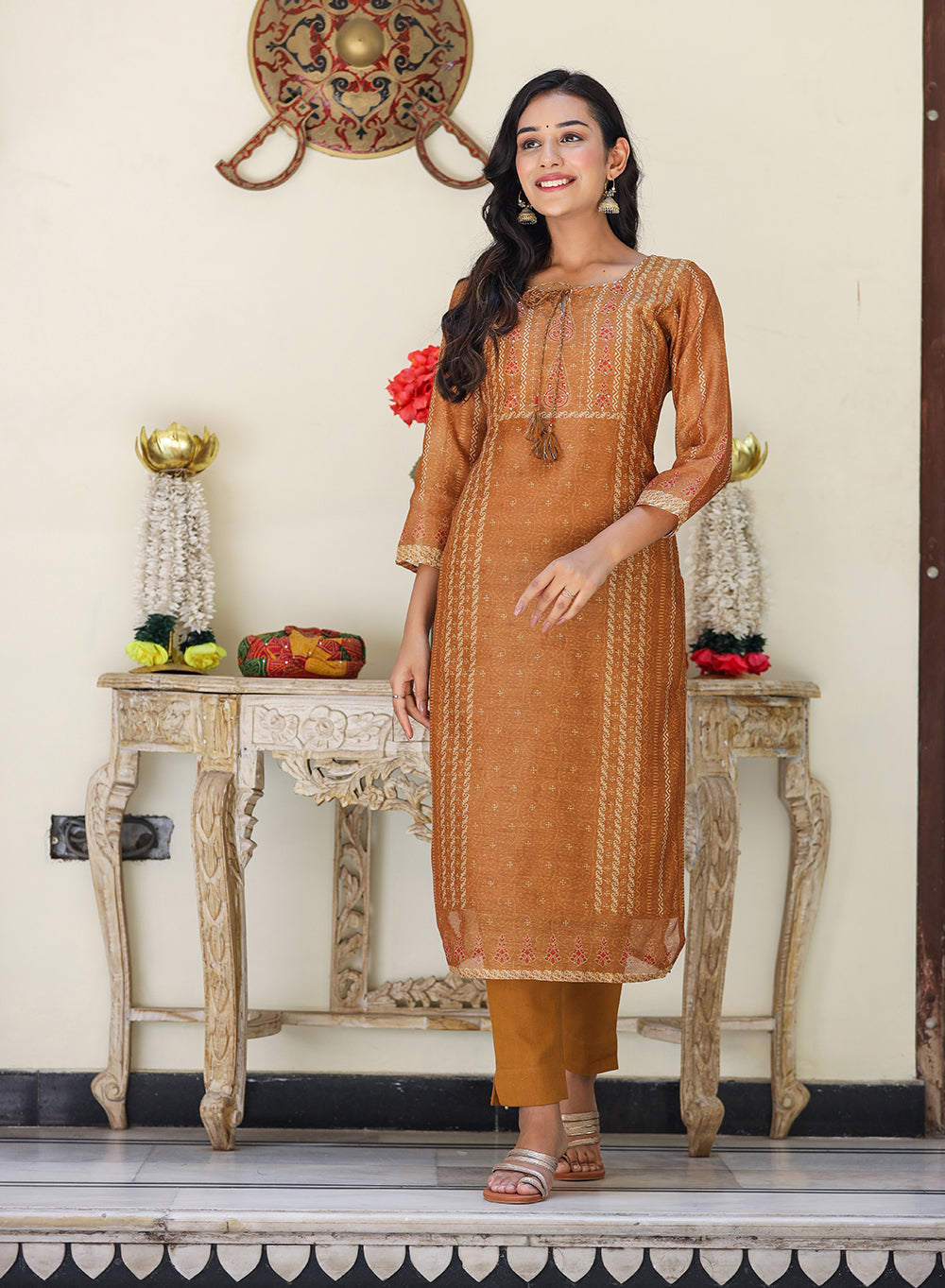 Kaajh Women's Mustard Yellow Chanderi Kurta Set With Trouser And Dupatta