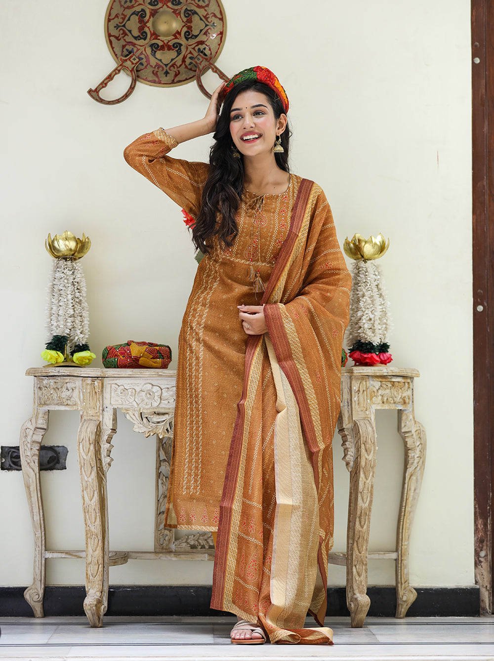 Kaajh Women's Mustard Yellow Chanderi Kurta Set With Trouser And Dupatta