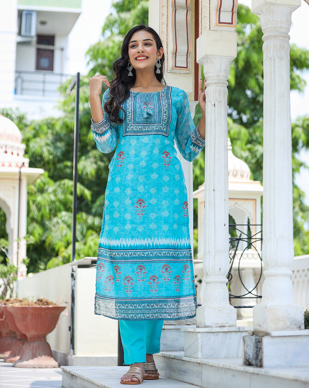 Kaajh Women's Sky Blue Ethnic Chanderi Kurta Set With Trouser And Dupatta