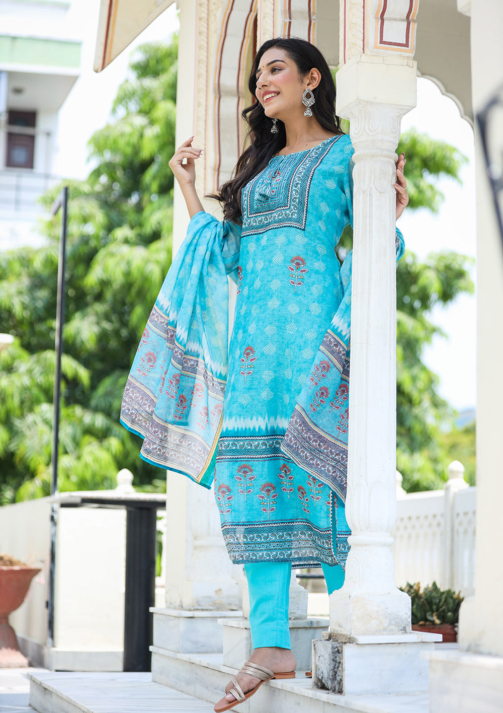 Kaajh Women's Sky Blue Ethnic Chanderi Kurta Set With Trouser And Dupatta