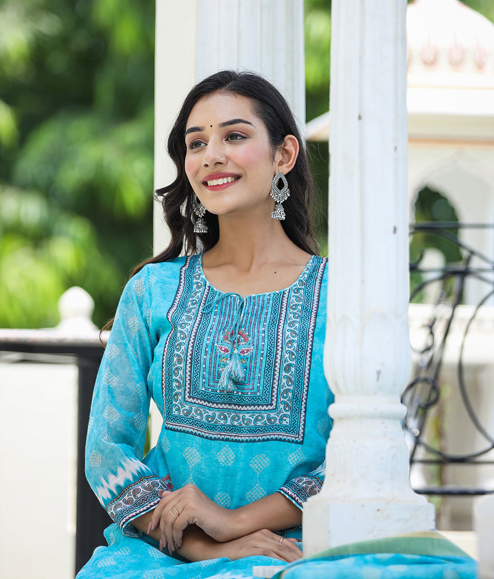 Kaajh Women's Sky Blue Ethnic Chanderi Kurta Set With Trouser And Dupatta