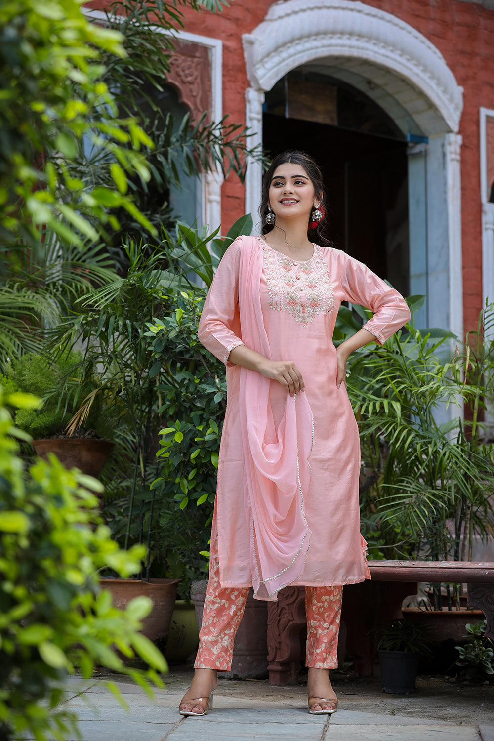 Kaajh Women's Pink Floral Modal Silk Suit Set