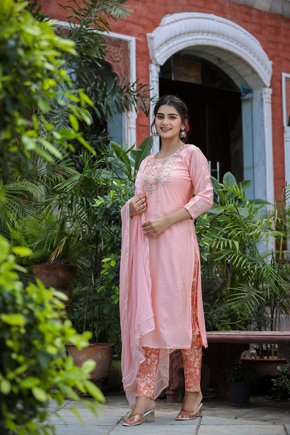 Kaajh Women's Pink Floral Modal Silk Suit Set