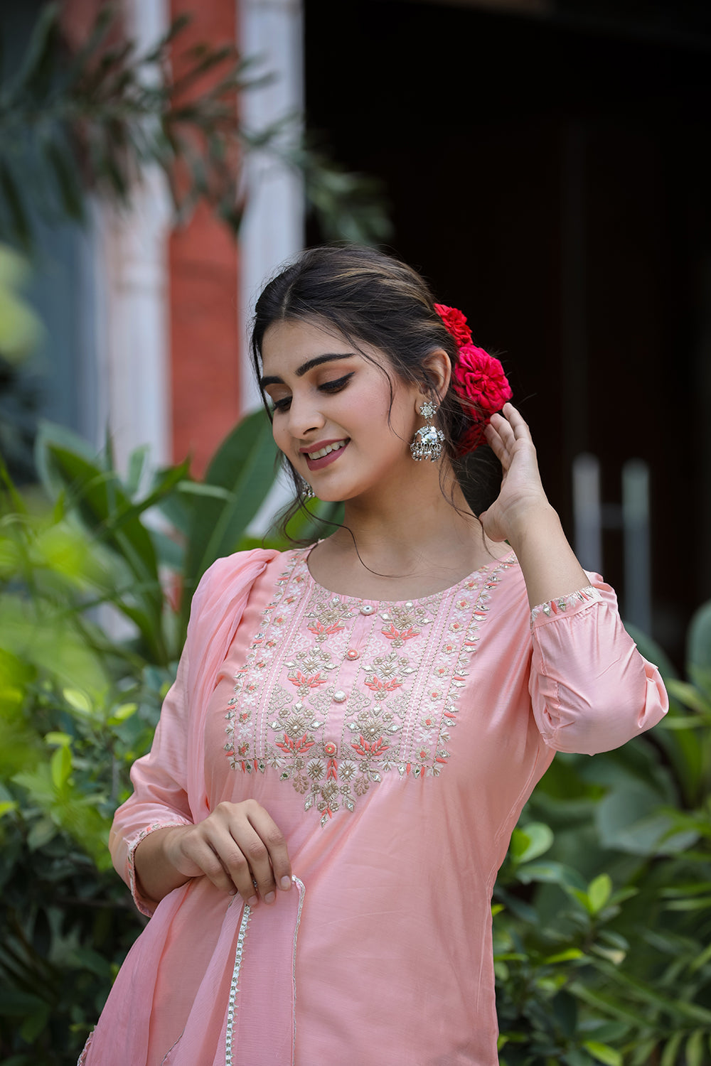 Kaajh Women's Pink Floral Modal Silk Suit Set