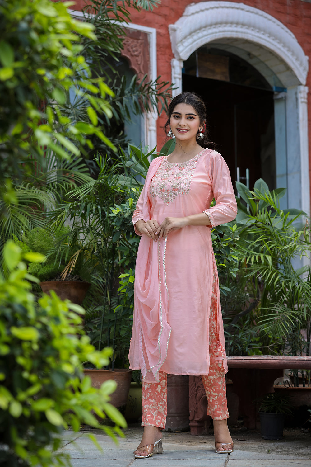 Kaajh Women's Pink Floral Modal Silk Suit Set