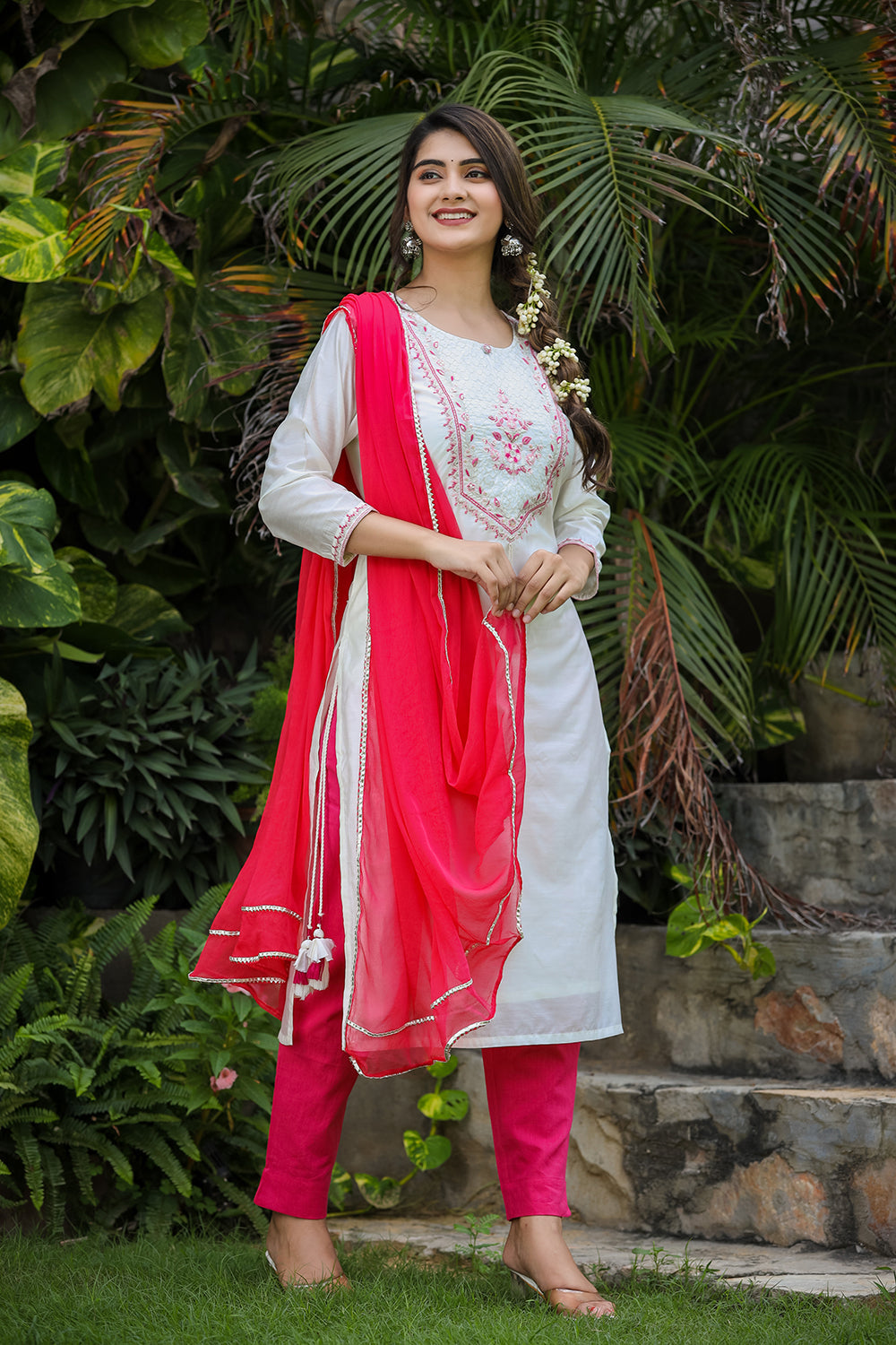 Kaajh Women's White-Pink Modal Silk Suit Set