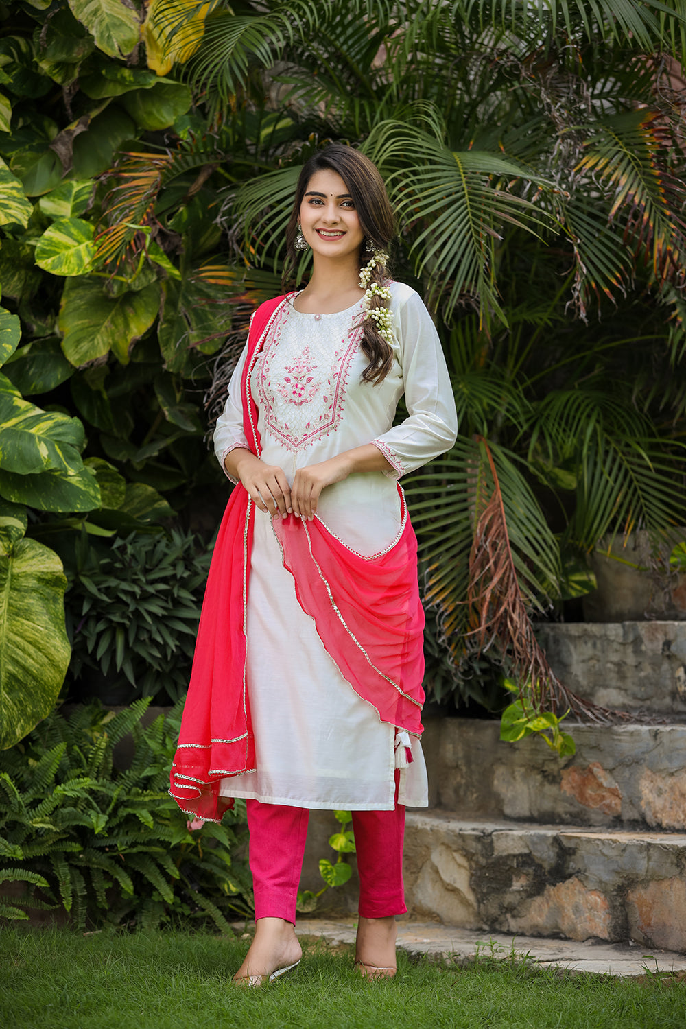 Kaajh Women's White-Pink Modal Silk Suit Set