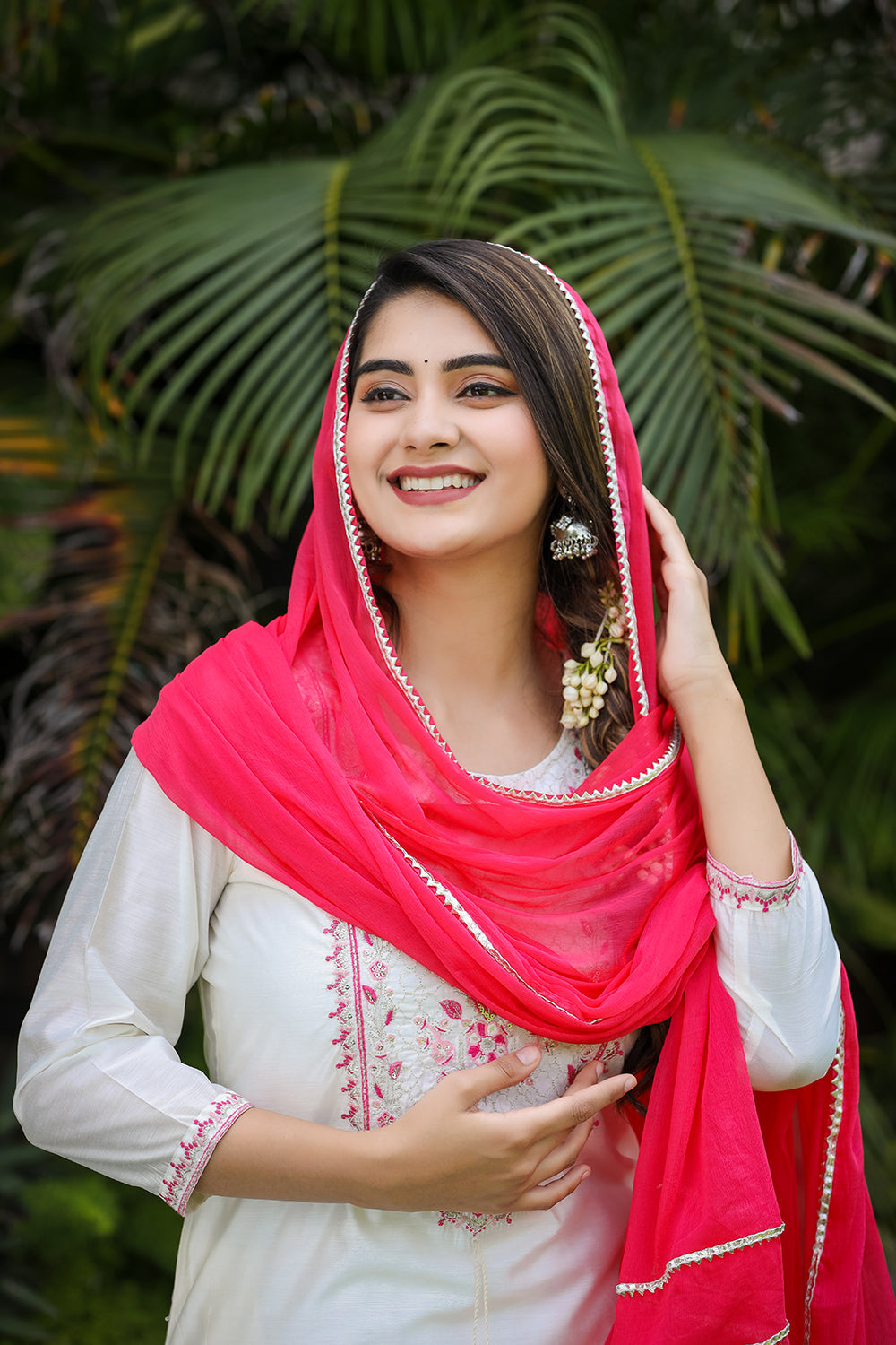 Kaajh Women's White-Pink Modal Silk Suit Set
