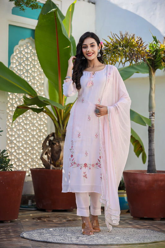 Kaajh Women's Peach Floral Modal Silk Suit Set