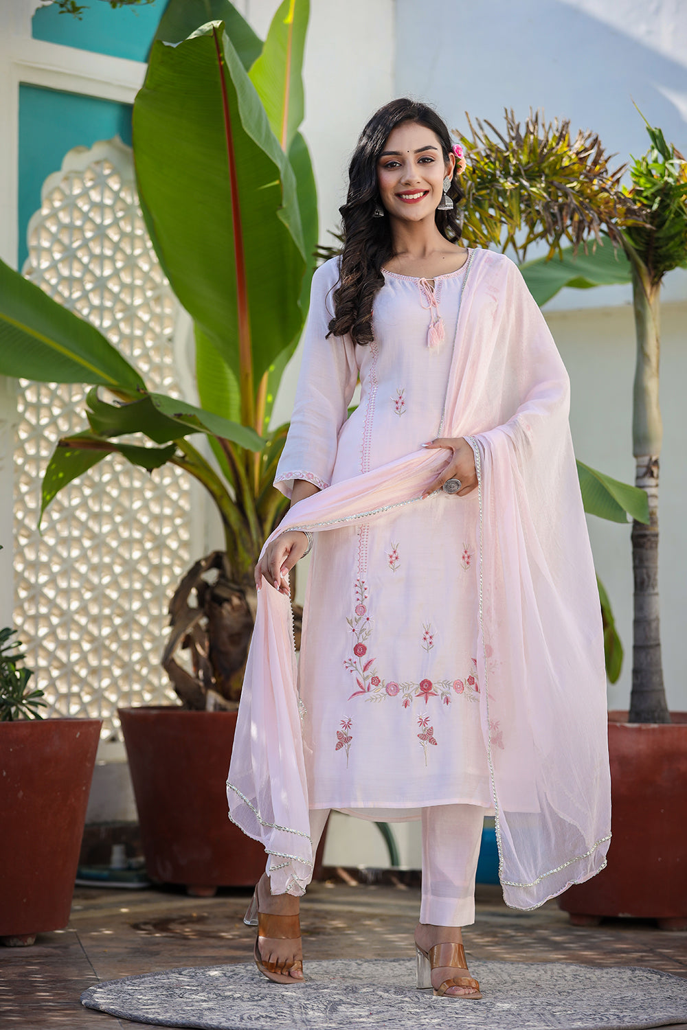 Kaajh Women's Peach Floral Modal Silk Suit Set