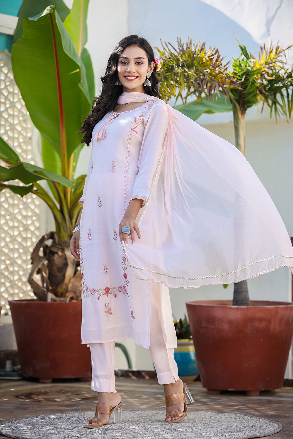Kaajh Women's Peach Floral Modal Silk Suit Set
