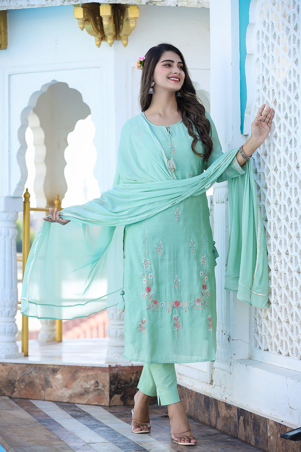 Kaajh Women's Green Floral Modal Silk Suit Set