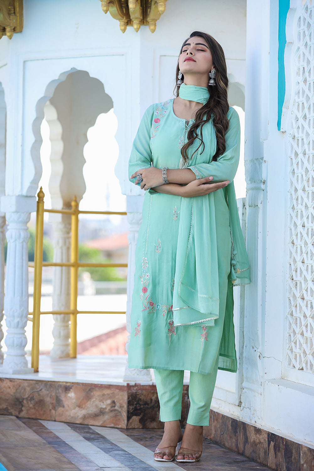 Kaajh Women's Green Floral Modal Silk Suit Set