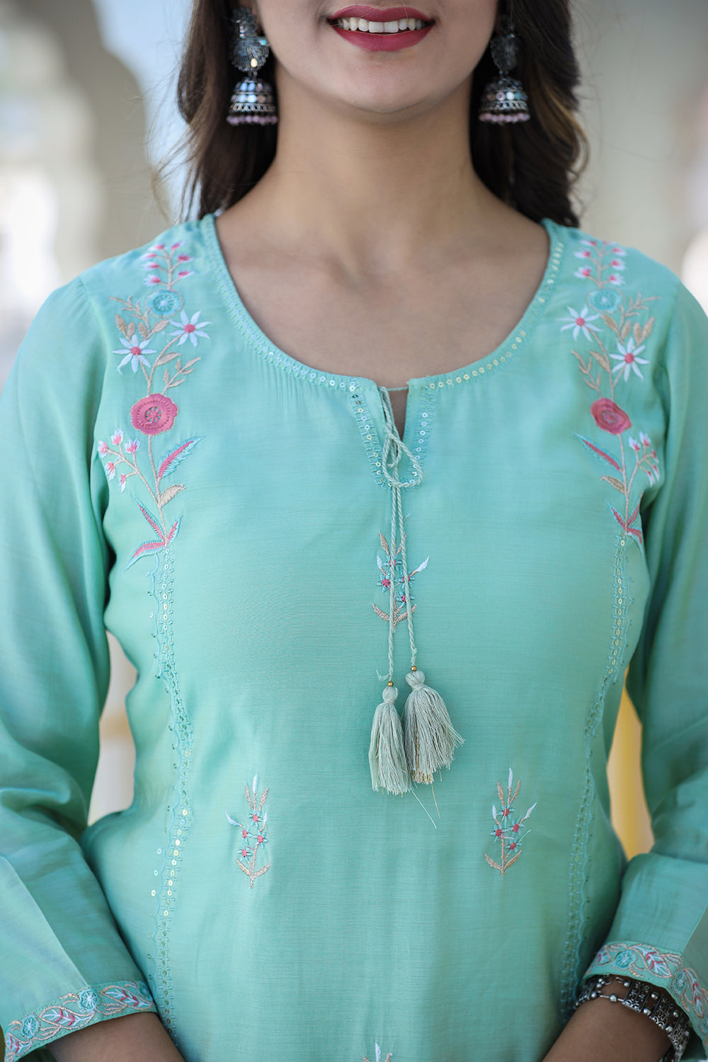 Kaajh Women's Green Floral Modal Silk Suit Set