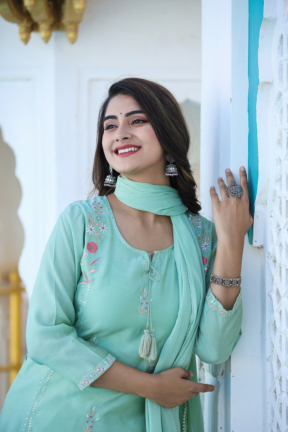 Kaajh Women's Green Floral Modal Silk Suit Set