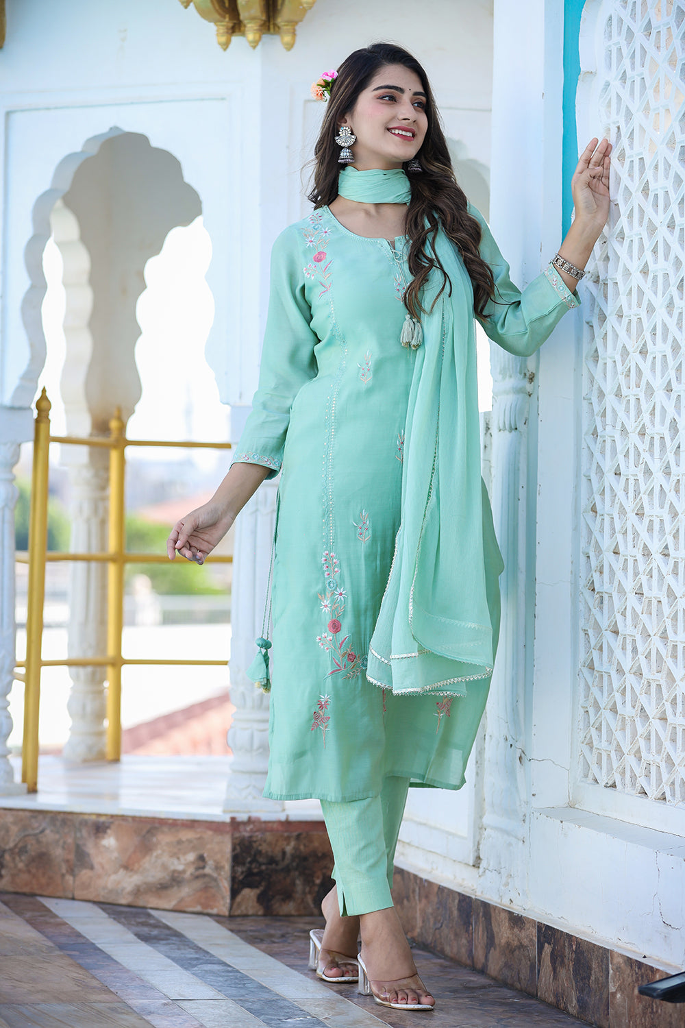 Kaajh Women's Green Floral Modal Silk Suit Set