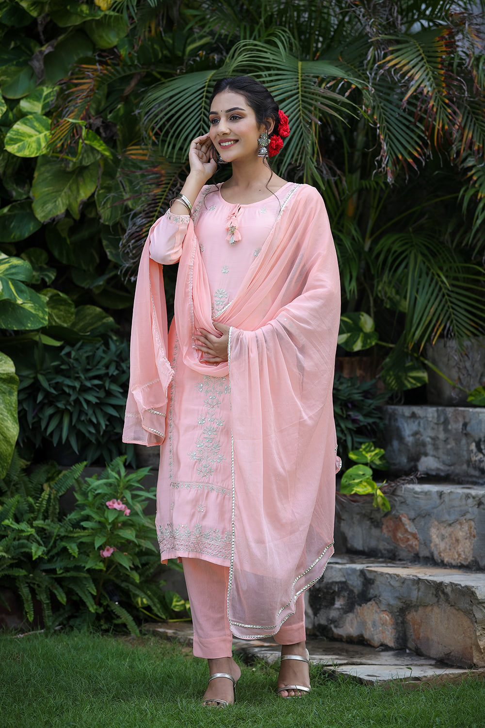 Kaajh Pink Modal Silk Suit Set For Women