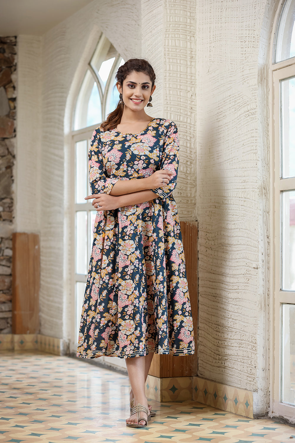 Kaajh Women's Navy Blue Floral Printed Cotton Ethnic Dress