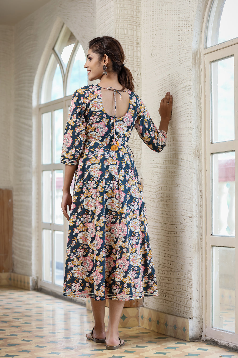Kaajh Women's Navy Blue Floral Printed Cotton Ethnic Dress