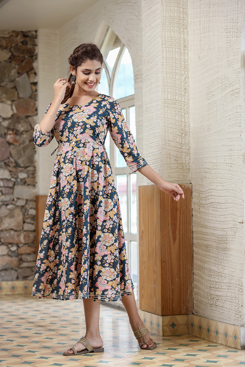 Kaajh Women's Navy Blue Floral Printed Cotton Ethnic Dress