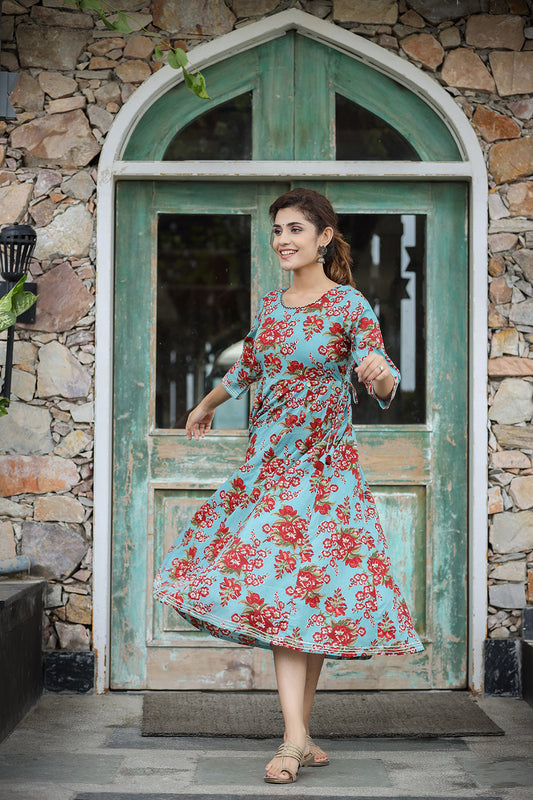 Kaajh Women's Turquoise Floral Printed Cotton Ethnic Dress