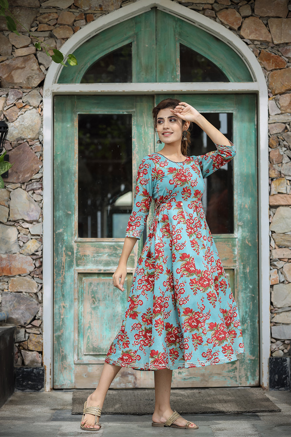Kaajh Women's Turquoise Floral Printed Cotton Ethnic Dress