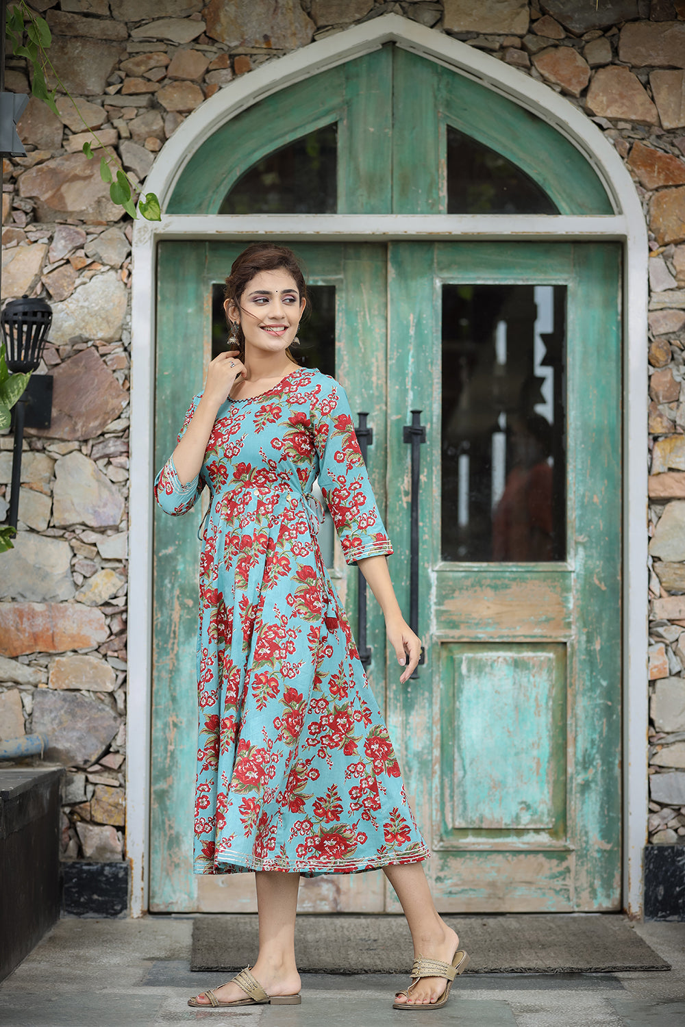 Kaajh Women's Turquoise Floral Printed Cotton Ethnic Dress