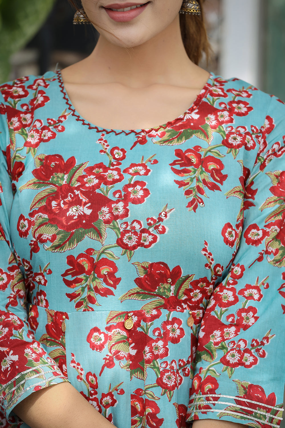 Kaajh Women's Turquoise Floral Printed Cotton Ethnic Dress