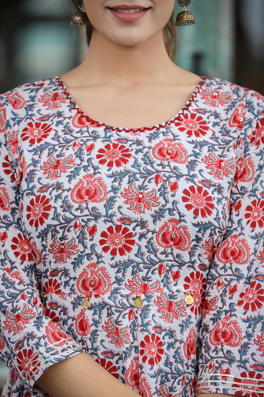 Kaajh Women's White Blue Floral Printed Cotton Ethnic Dress