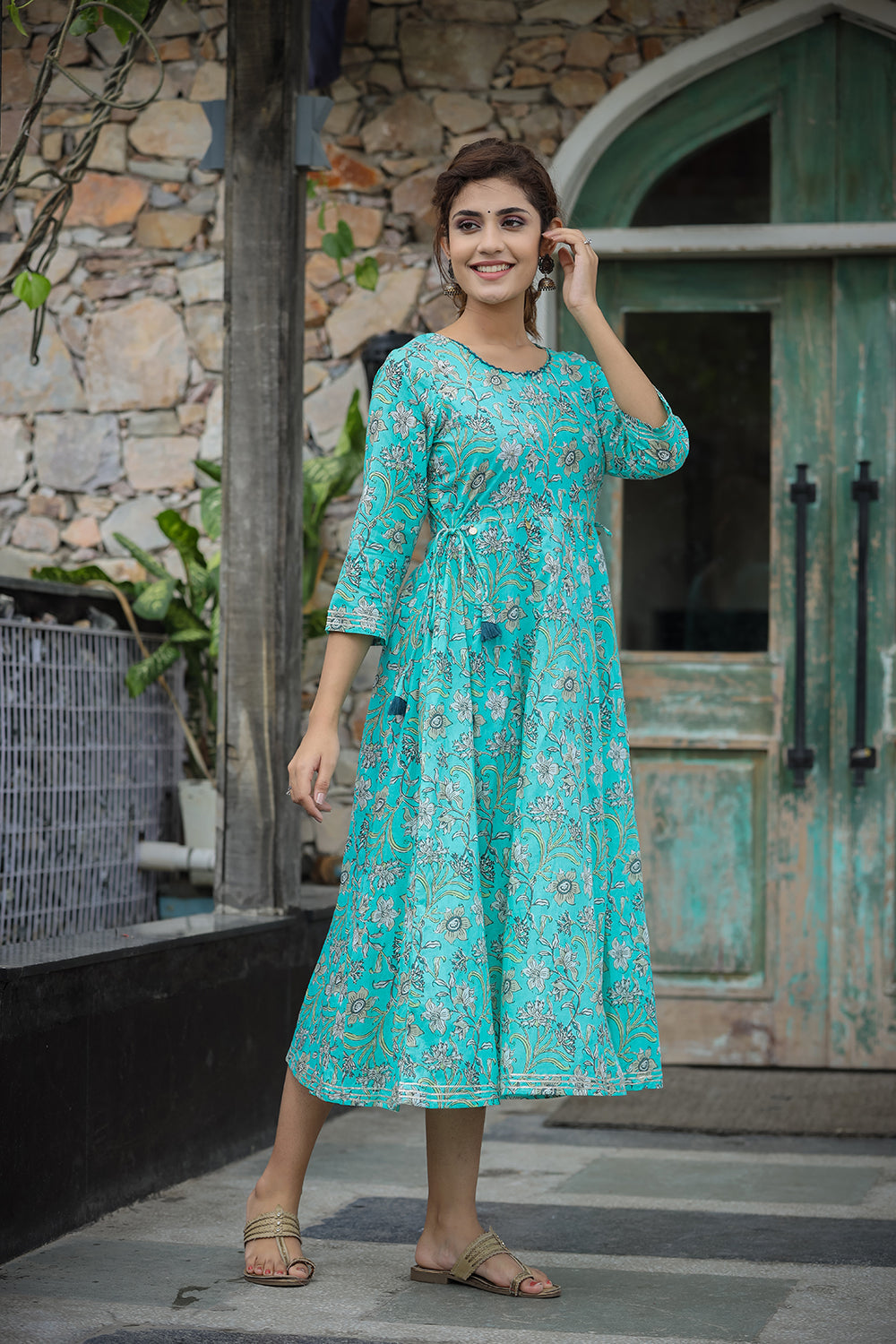 Kaajh Women's Sea Green Floral Printed Cotton Ethnic Dress