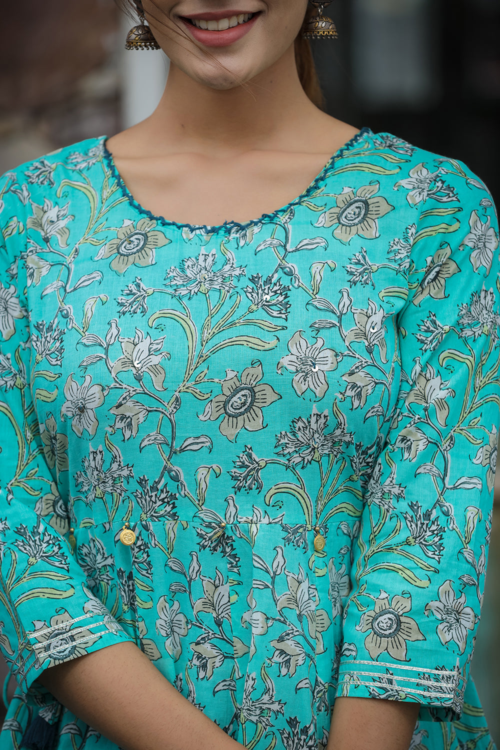 Kaajh Women's Sea Green Floral Printed Cotton Ethnic Dress