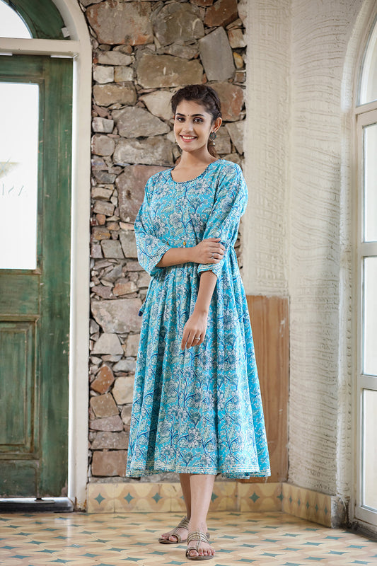 Kaajh Women's Sky Blue Floral Printed Cotton Ethnic Dress