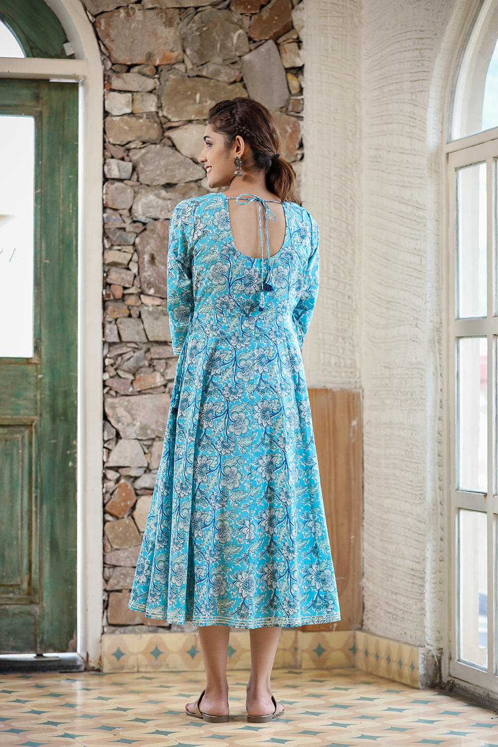 Kaajh Women's Sky Blue Floral Printed Cotton Ethnic Dress