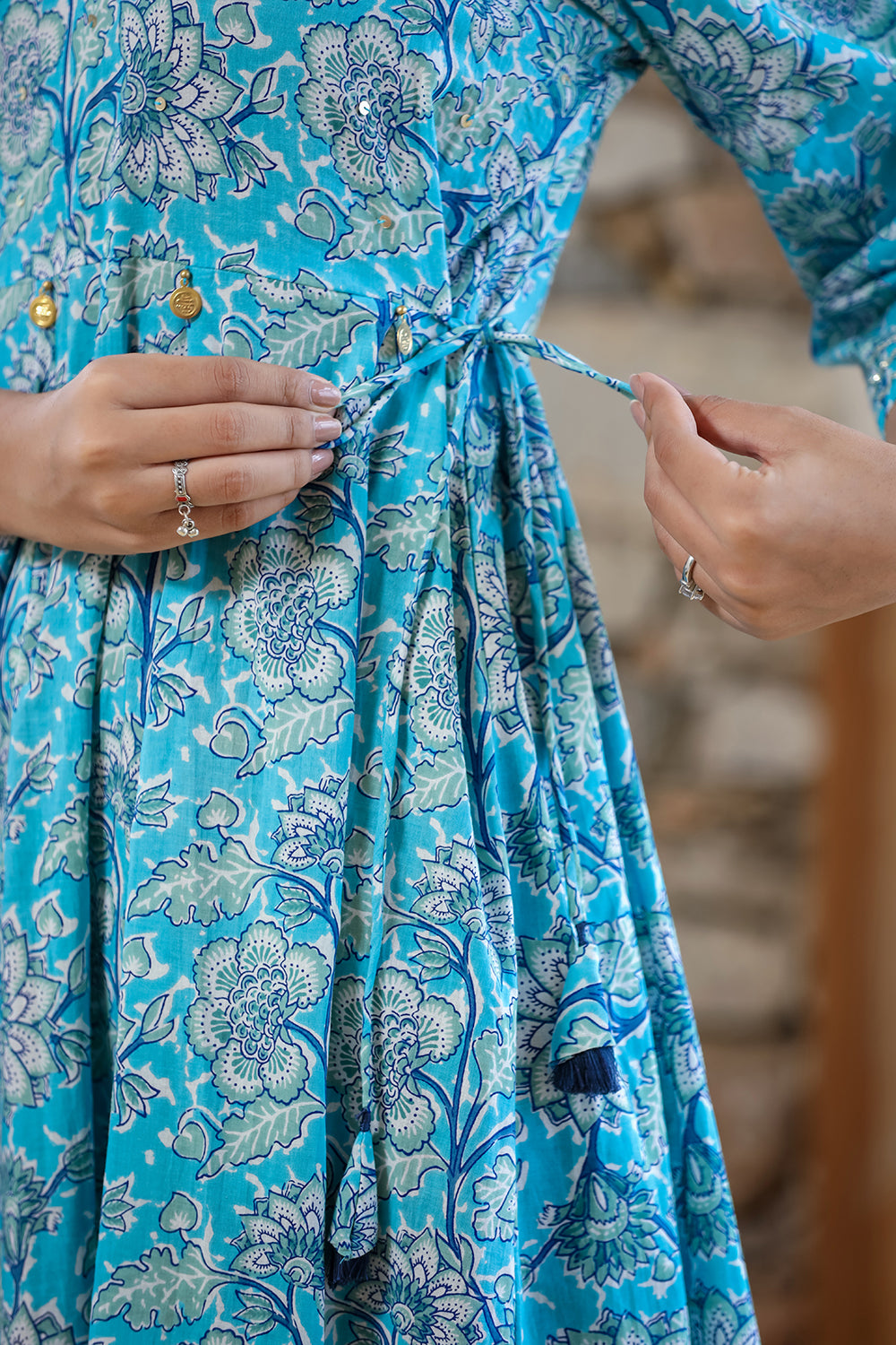 Kaajh Women's Sky Blue Floral Printed Cotton Ethnic Dress