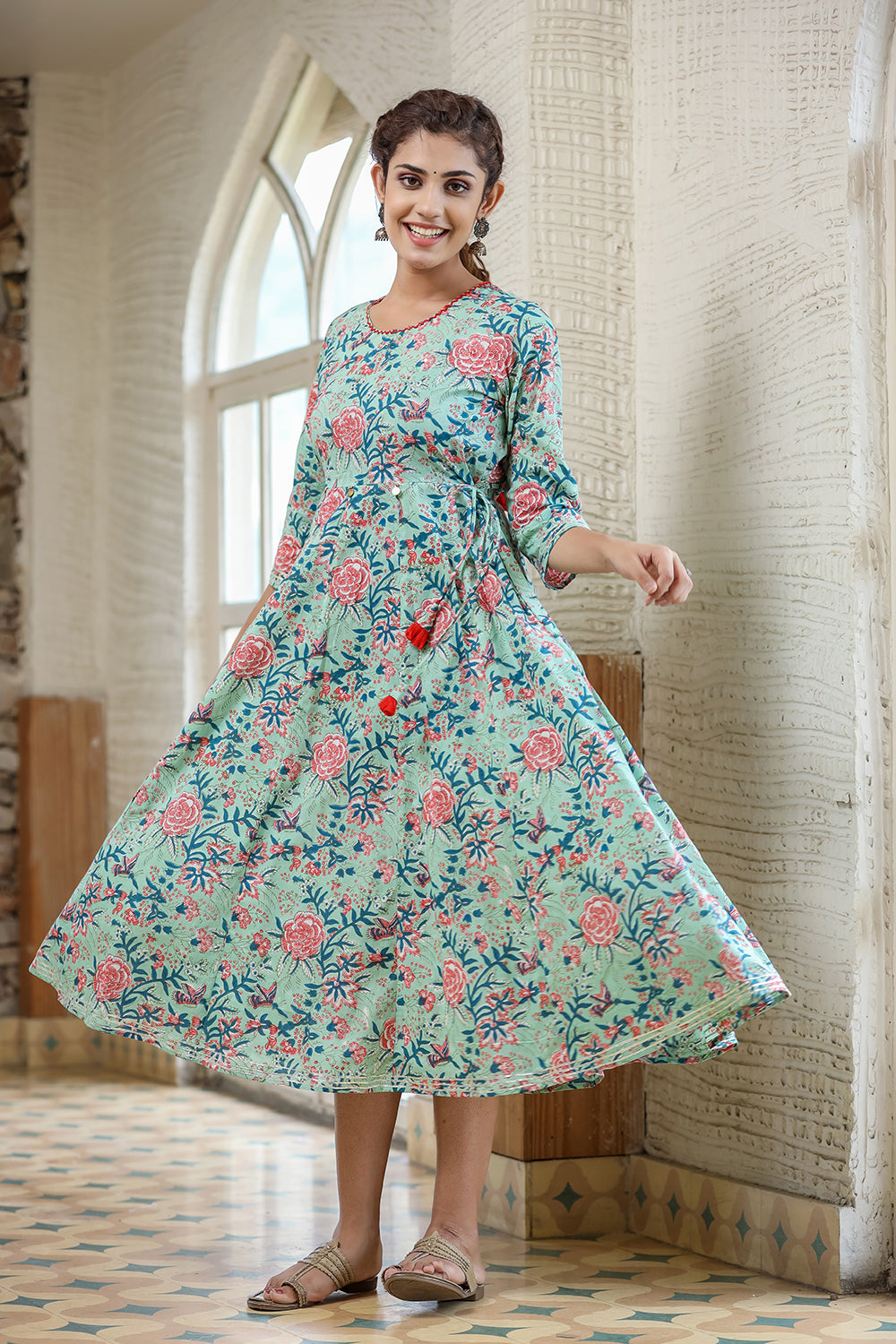 Kaajh Women's Light Green Floral Printed Cotton Ethnic Dress