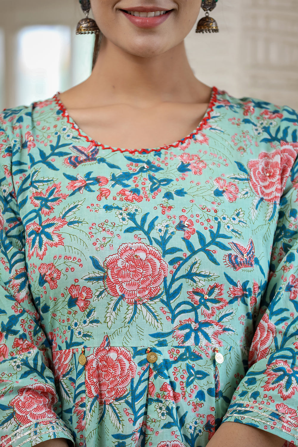 Kaajh Women's Light Green Floral Printed Cotton Ethnic Dress