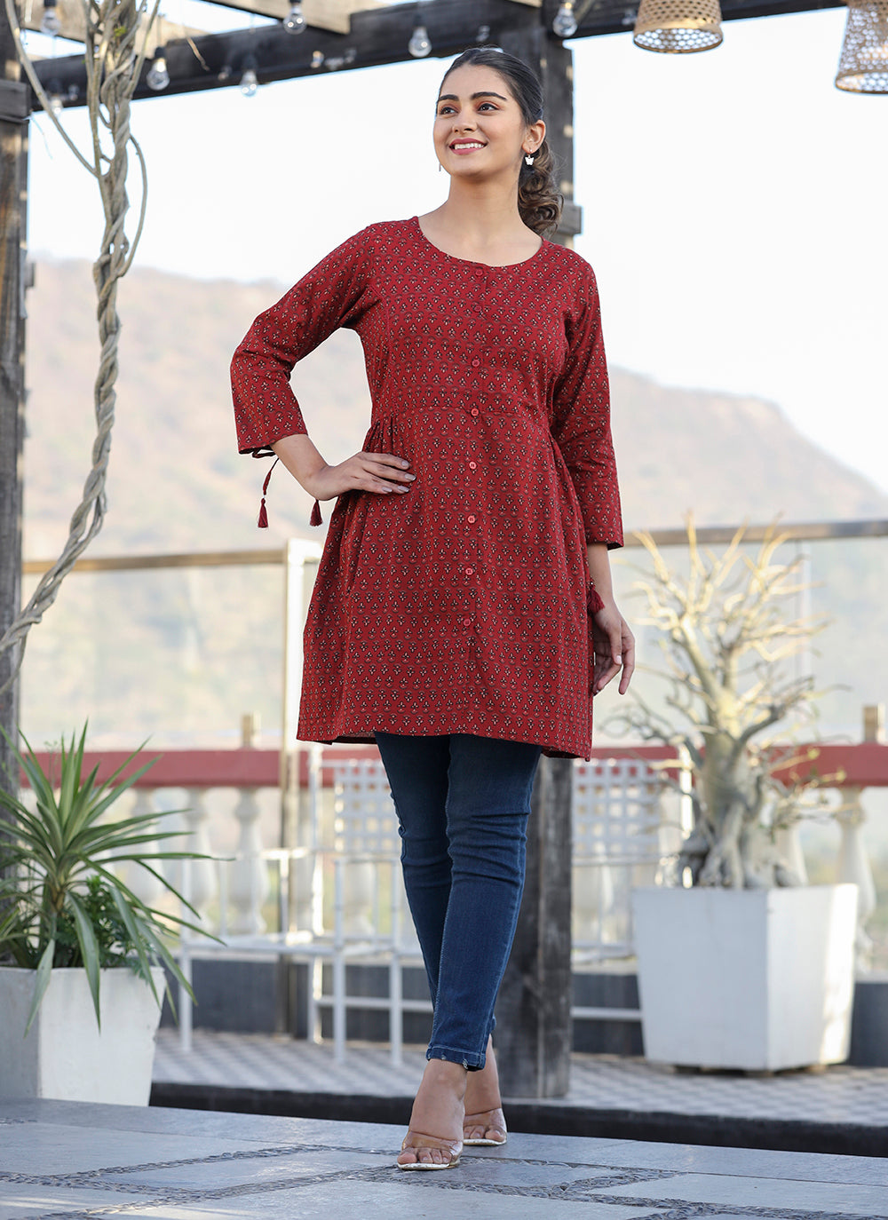 Kaajh Maroon Printed Shirt Style Cotton Tunic
