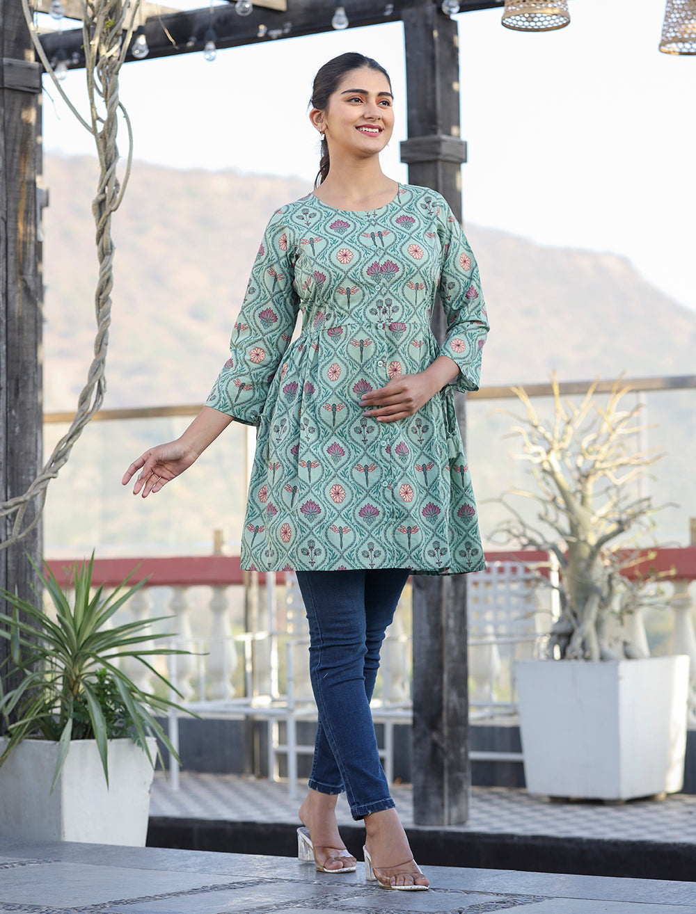 Kaajh Green Motif Printed Shirt Style Cotton Tunic
