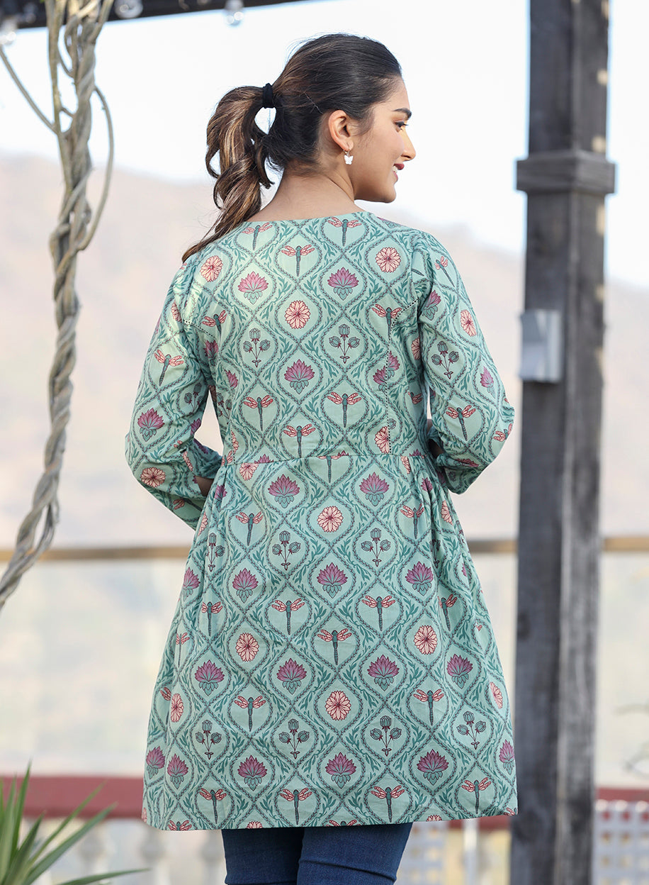 Kaajh Green Motif Printed Shirt Style Cotton Tunic