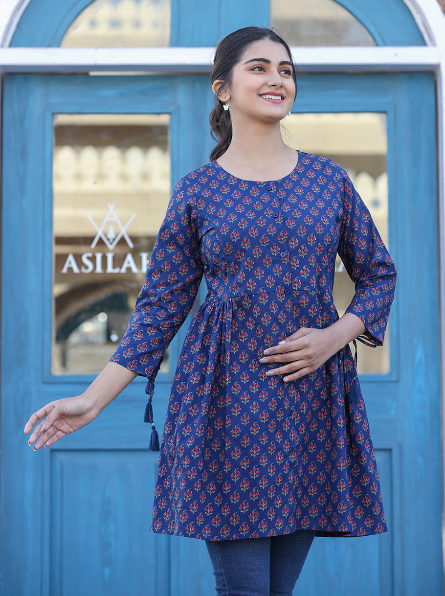 Kaajh Blue Printed Shirt Style Cotton Tunic