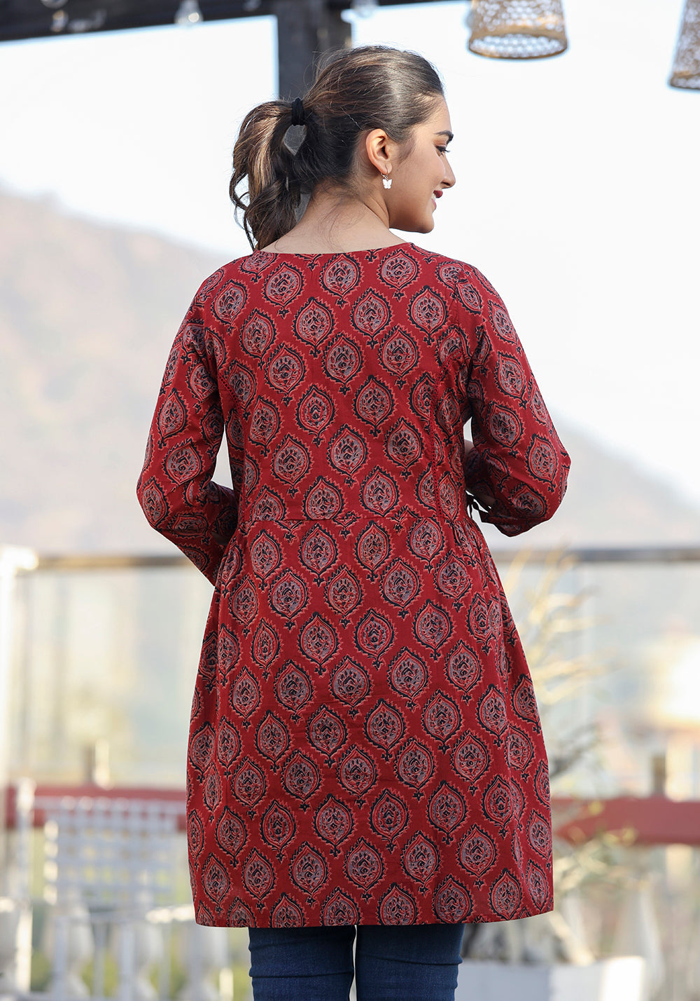 Kaajh Maroon Ajrak Print Cotton Shirt Style Tunic