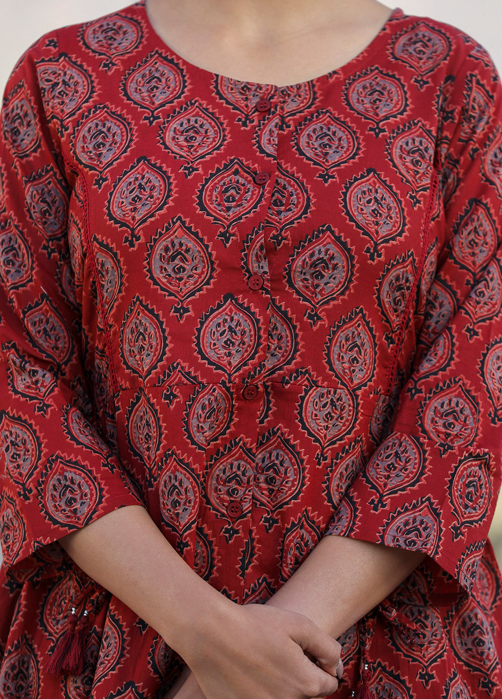 Kaajh Maroon Ajrak Print Cotton Shirt Style Tunic