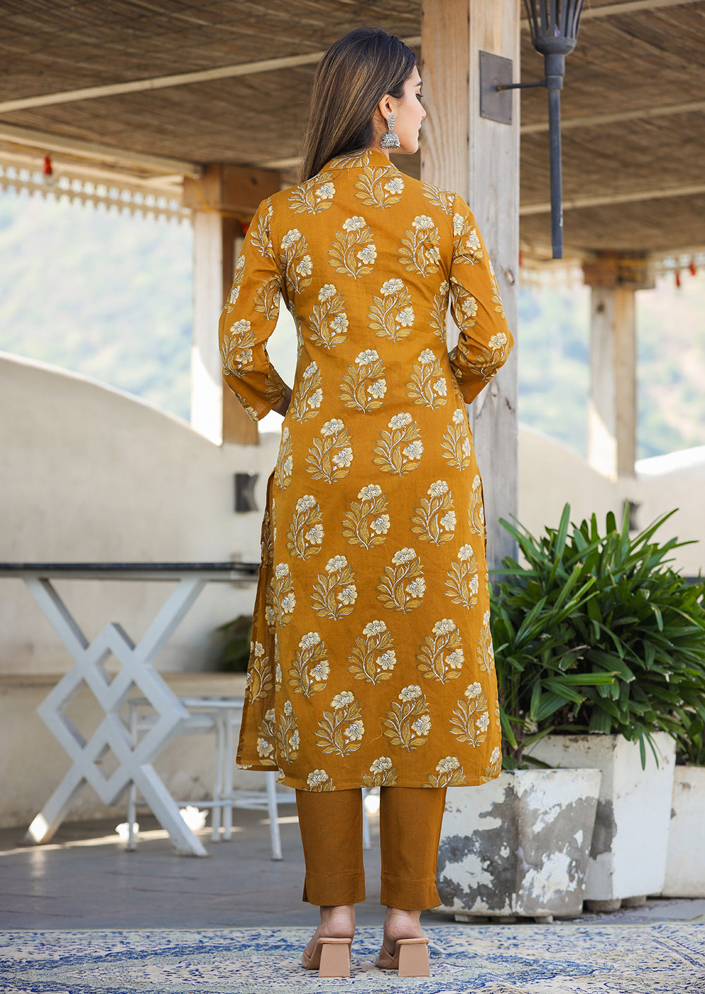 Kaajh Women's Mustard Floral Print Cotton Kurta Pant Set