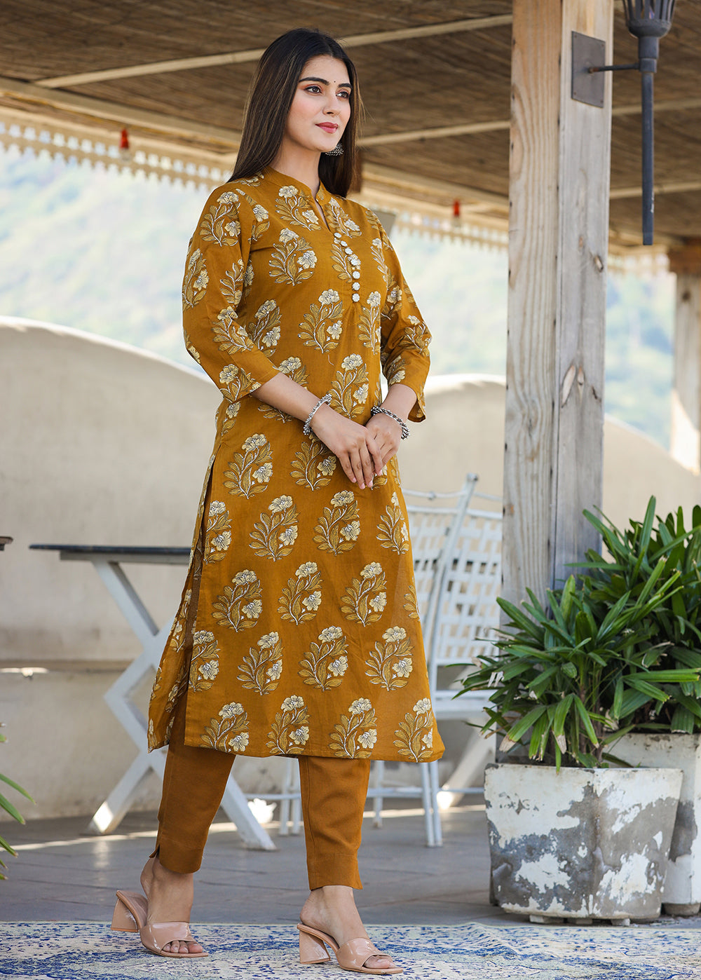 Kaajh Women's Mustard Floral Print Cotton Kurta Pant Set
