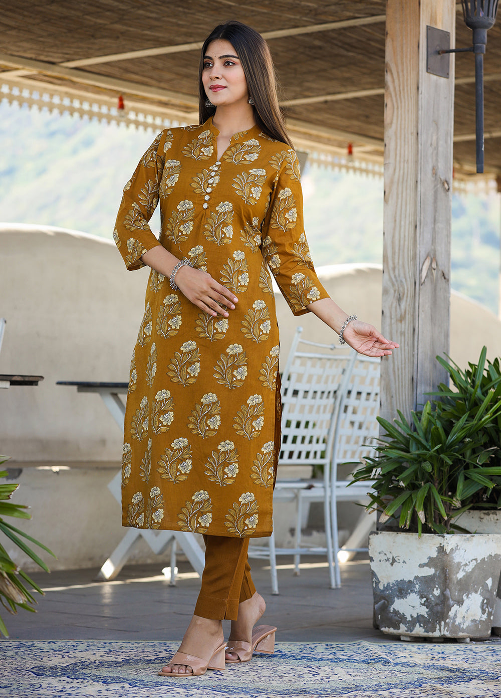 Kaajh Women's Mustard Floral Print Cotton Kurta Pant Set