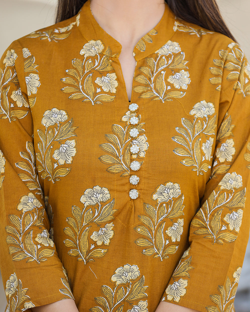 Kaajh Women's Mustard Floral Print Cotton Kurta Pant Set