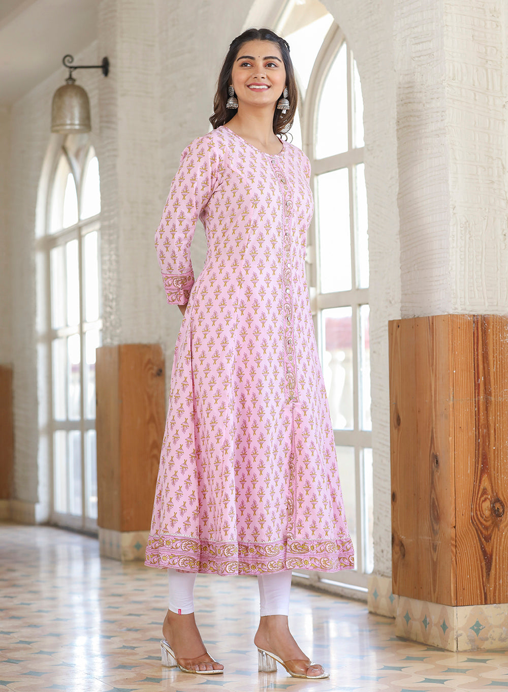 Kaajh Pink Cotton Printed A-line Kurta
